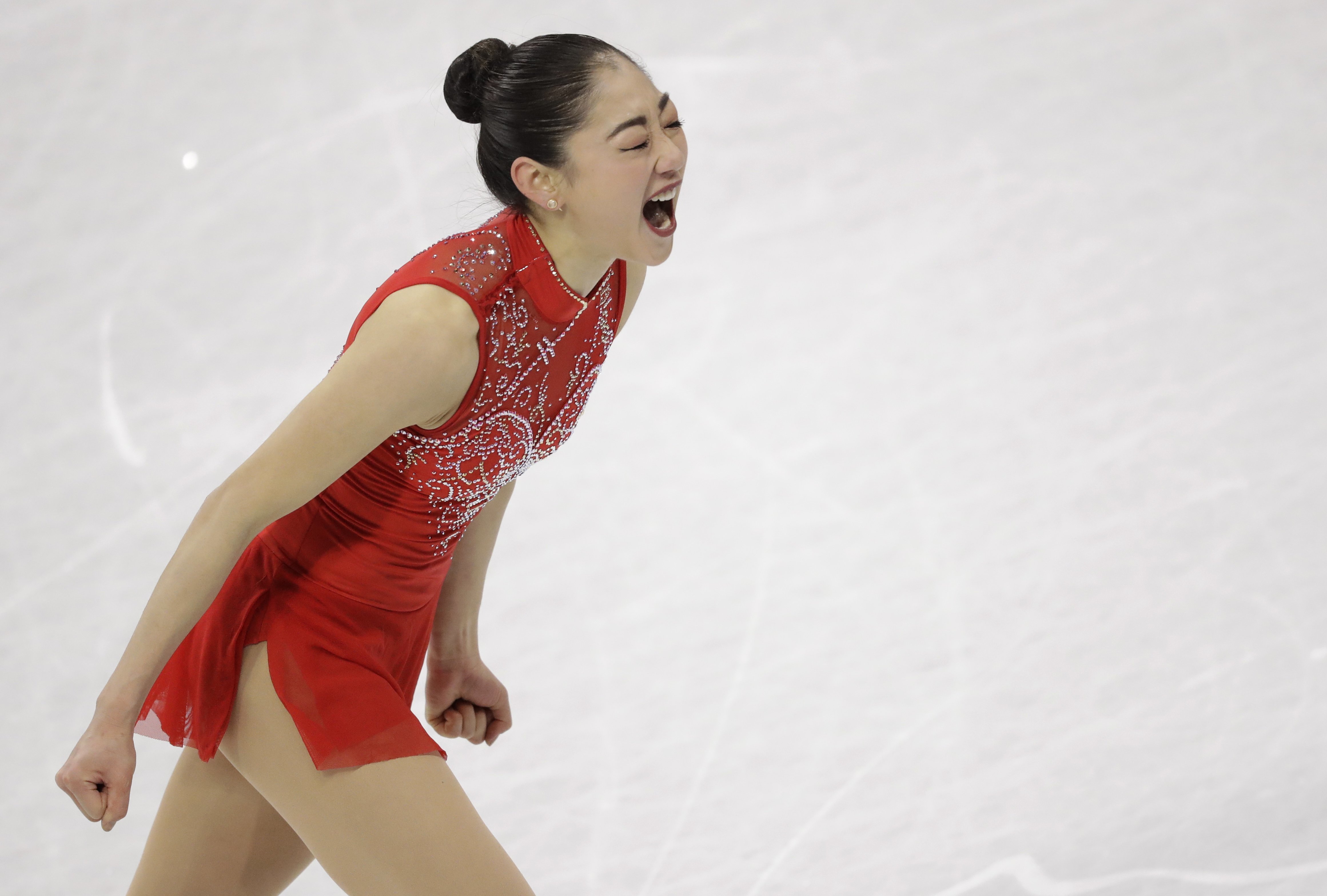Mirai Nagasu of the United States celebrates after her performance in the ladies single skating free skating in the Gangneung Ice Arena at the 2018 Winter Olympics in Gangneung, South Korea, Monday, Feb. 12, 2018. (AP Photo, Bernat Armangue)