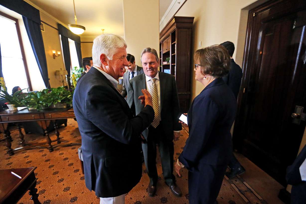 Rep. Rob Bishop, R-Utah, talks with Sens. Jerry Stevenson, R-Layton, and Margaret Dayton, R-Orem, after speaking to the Utah Senate at the Capitol in Salt Lake City on Monday, Feb. 12, 2018. (Photo: Scott G Winterton, KSL)
