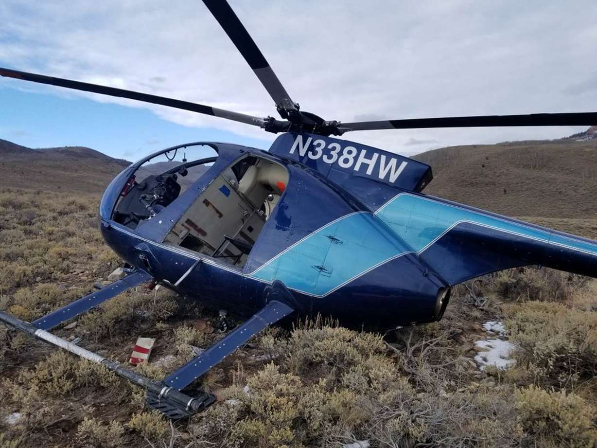 A pilot and passenger from Australia sustained only small cuts and bruises when an elk jumped and severed the tail rotor of their helicopter Monday, Feb. 12, 2018, near Currant Creek in Wasatch County (Photo: Wasatch County Sheriff's Office)