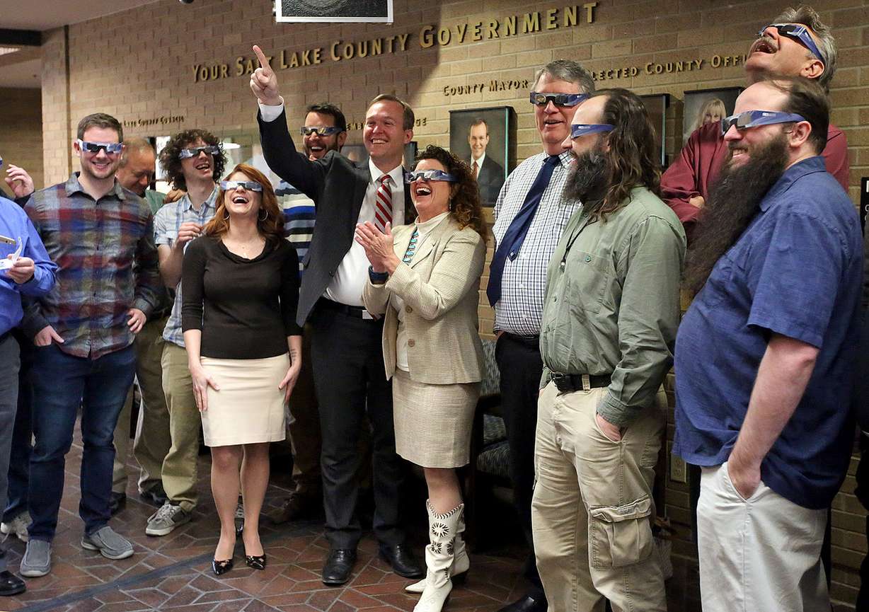 Salt Lake County Mayor Ben McAdams takes off a pair of eclipse glasses for a photo, referencing President Donald Trump's eclipse day photos, after giving his State of the County address in the County Council chambers in Salt Lake City on Tuesday, Feb. 13, 2018. McAdams applauded the Clark Planetarium for its success during the 2017 eclipse. (Photo: Kristin Murphy, KSL)