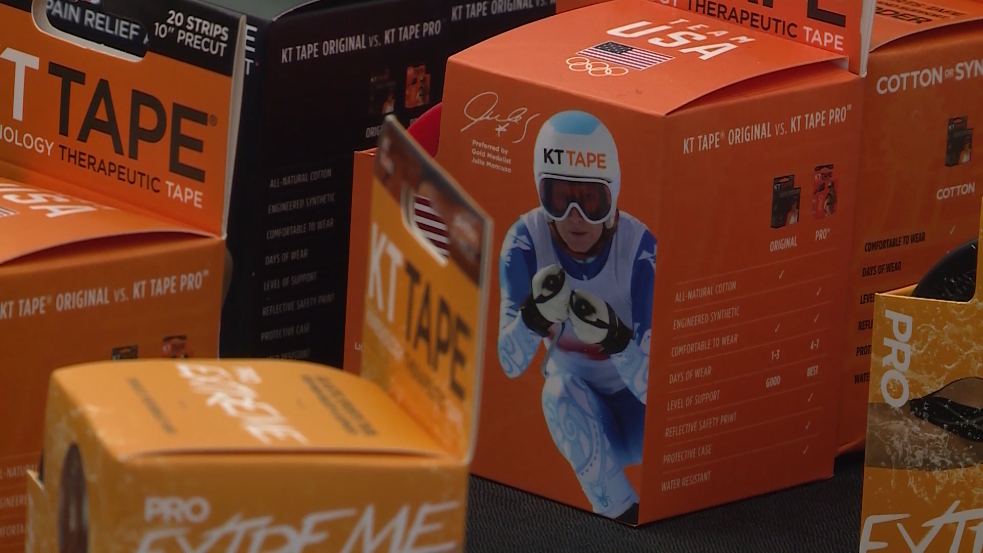 KT Tape is the exclusive provider of kinesiology tape for the U.S. Olympic team. KT Tape is elastic, adhesive sports tape that comes in bright colors. When applied properly, it helps athletes deal with aches and pains of soft tissue injuries. (Photo: KSL TV, File)