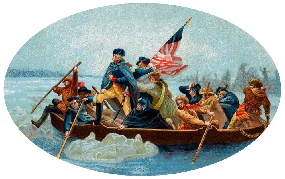 George Washington Crossing the Delaware - An oval, 1908 chromo-litho reproduction of Emanuel Leutze's painting (1851) of Washington's December 26, 1776, surprise crossing in the Battle of Trenton (Photo: By Victorian Traditions, Shutterstock)