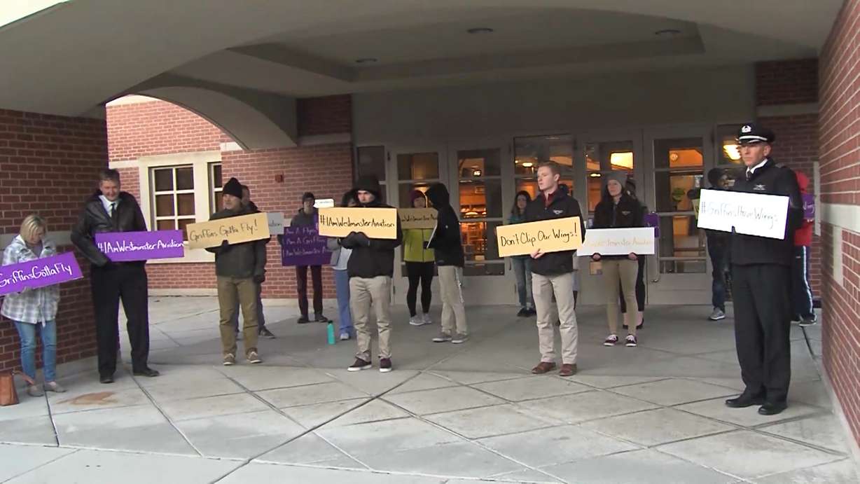 Westminster College's board voted on Feb. 16, 2018 to discontinue the college's aviation program. Hours before the vote, aviation students held a protest hoping to sway the board's decision. (Photo: KSL TV)
