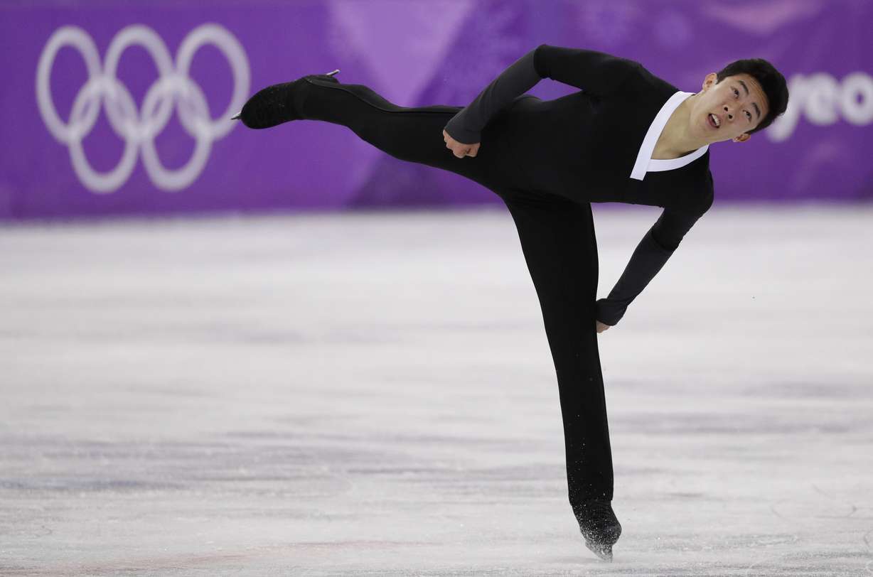Nathan Chen of the United States performs during the men's free figure skating final in the Gangneung Ice Arena at the 2018 Winter Olympics in Gangneung, South Korea, Feb. 17, 2018. (AP Photo, David J. Phillip)