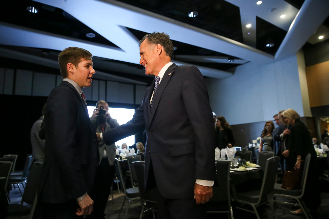Mitt Romney greets guests at the Utah County Republican Party Lincoln Day Dinner at the Utah Valley Convention Center in Provo on Friday, Feb. 16, 2018. (Photo: Spenser Heaps, KSL)
