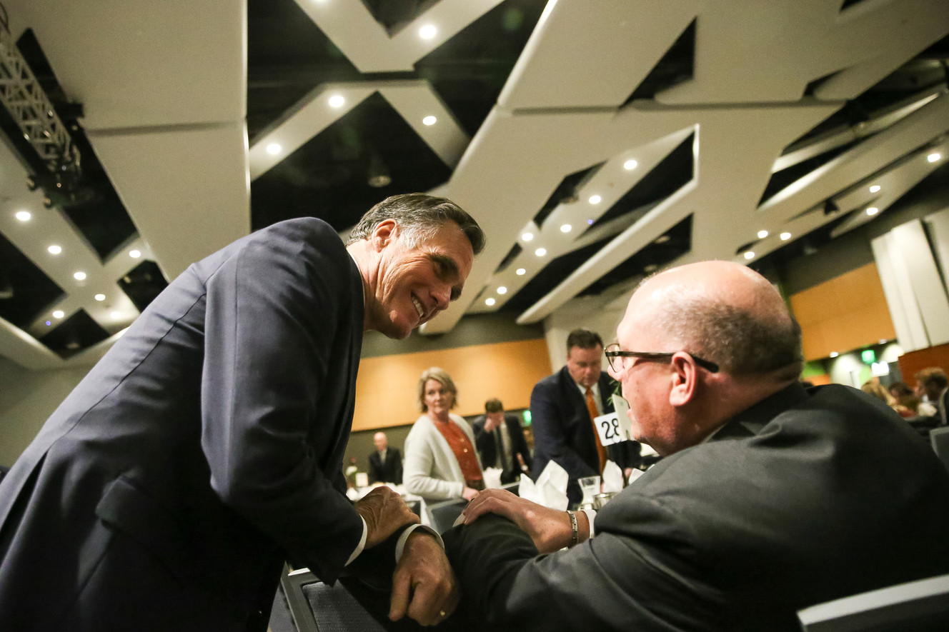 Mitt Romney greets guests at the Utah County Republican Party Lincoln Day Dinner at the Utah Valley Convention Center in Provo on Friday, Feb. 16, 2018. (Photo: Spenser Heaps, KSL)