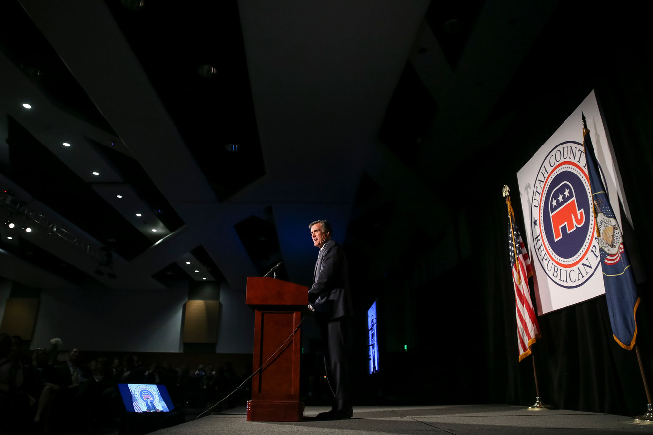 Mitt Romney speaks at the Utah County Republican Party Lincoln Day Dinner at the Utah Valley Convention Center in Provo on Friday, Feb. 16, 2018. (Photo: Spenser Heaps, KSL)
