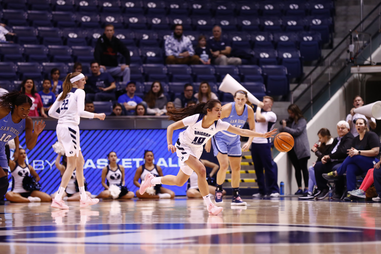 BYU's Malia Nawahine forces a turnover against San Diego during an NCAA women's basketball game, Saturday, Feb. 17, 2018 in Provo, Utah. (Courtesy: BYU Photo)