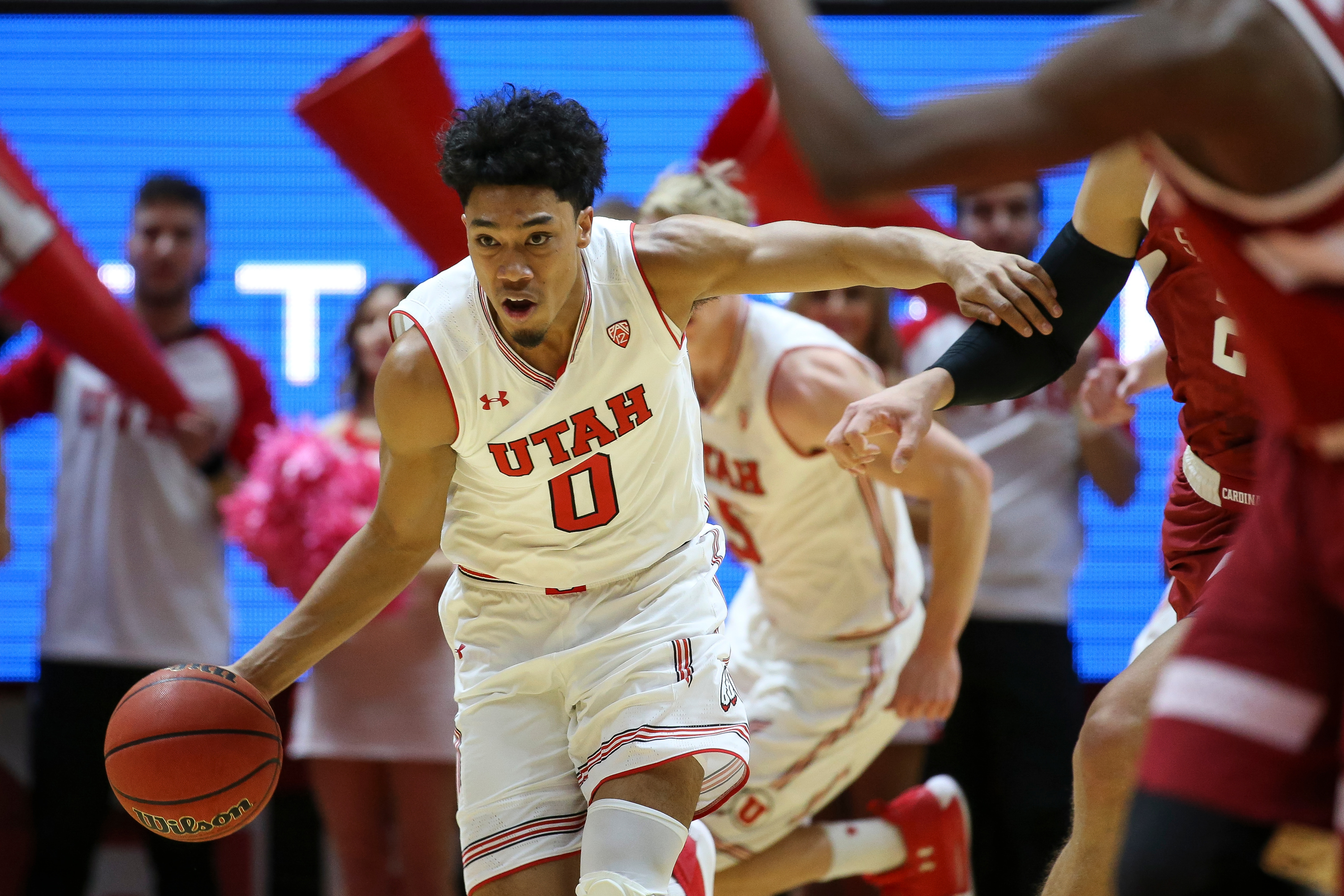 Utah Utes guard Sedrick Barefield (0) drives during the first half against the Stanford Cardinal at the Huntsman Center in Salt Lake City on Thursday, Feb. 8, 2018. (Photo: Spenser Heaps, KSL)