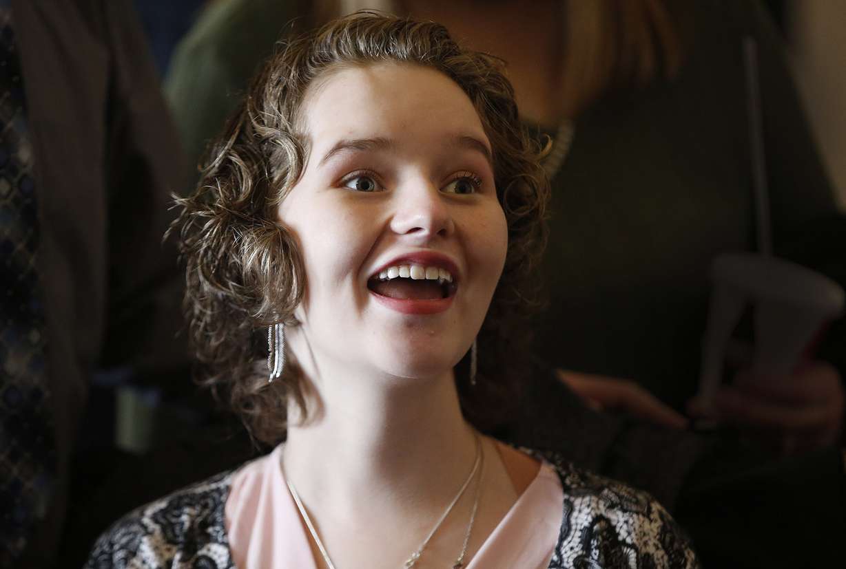 Deserae Turner meets legislators at the Capitol in Salt Lake City on Tuesday, Feb. 20, 2018. Deserae, who also released 25 doves on the front steps of the Capitol as a symbol of hope the future, was enticed to a secluded canal by two teenage boys, where one of them shot her in the back of the head and left her for dead last February. (Photo: Jeffrey D. Allred, KSL)