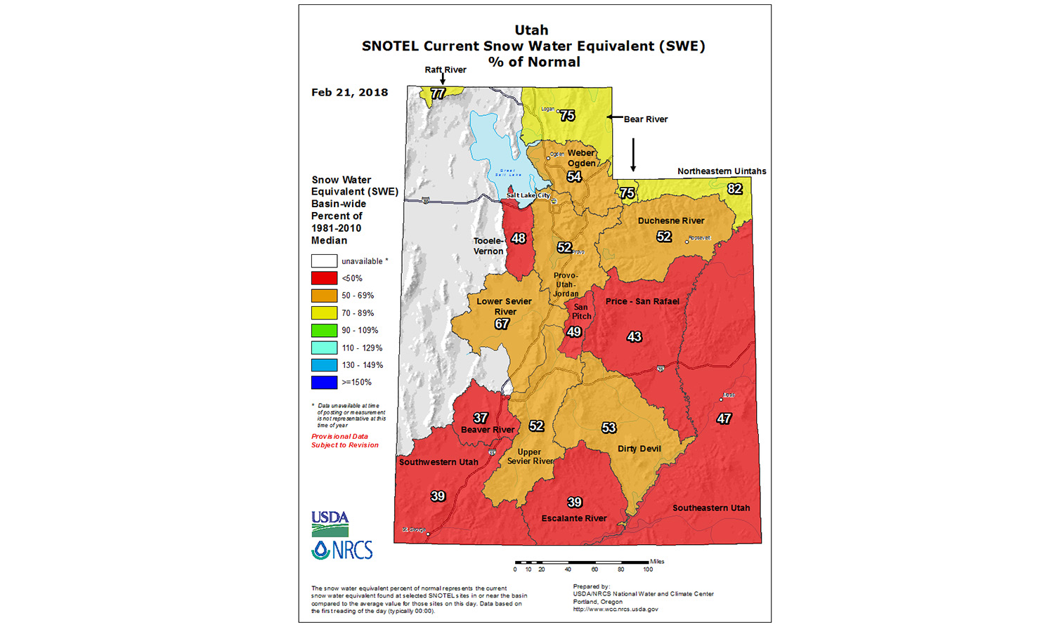 A map of Utah's snowpack as of 10 a.m. Wednesday, Feb. 21, 2018 (Graph: NRCS)