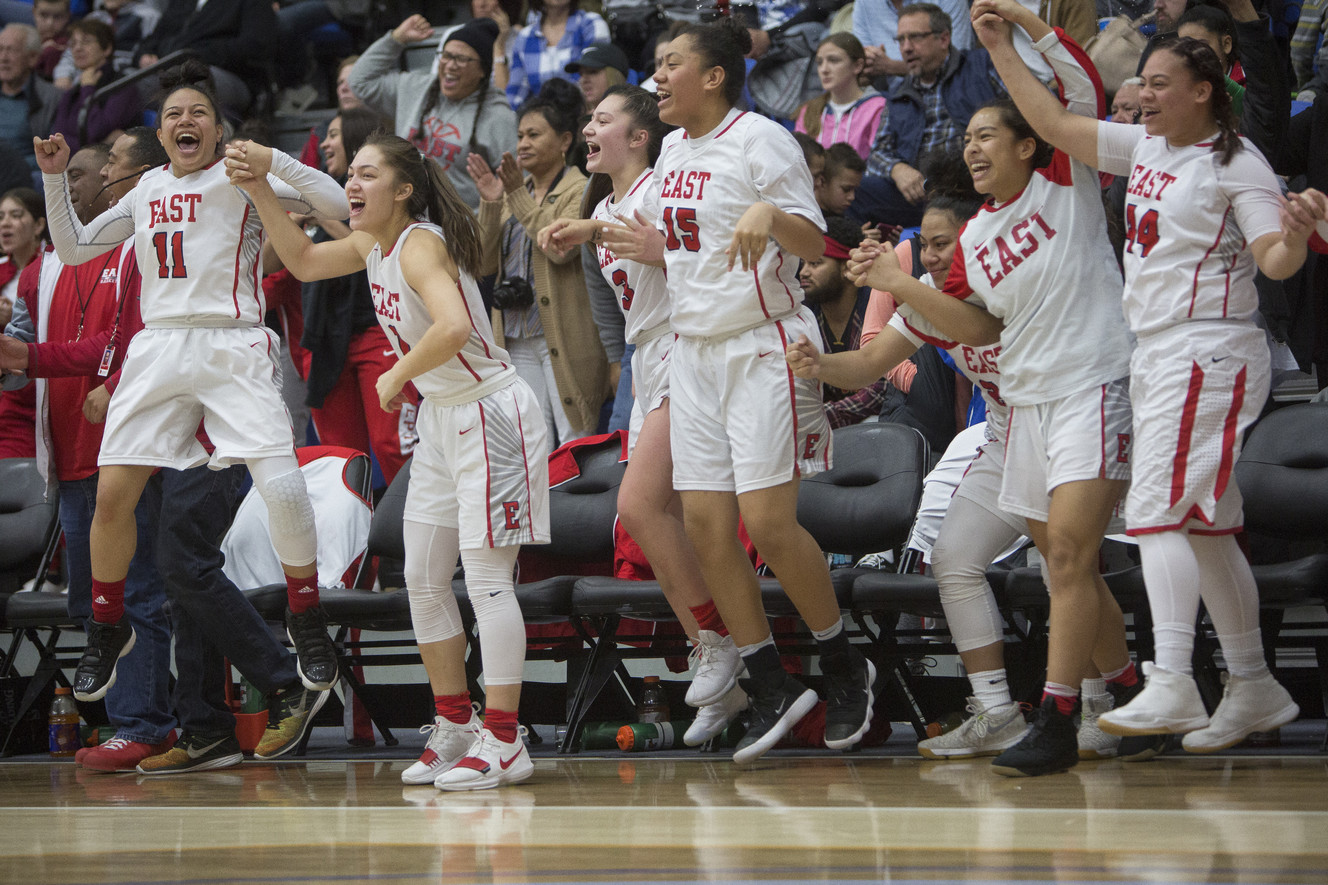 The Leopards celebrate their 68-48 victory against Timpview in the Class 5A state championship game at Salt Lake Community College in Taylorsville on Saturday, Feb. 24, 2018. (Photo: Jacob Wiegand, Deseret News)