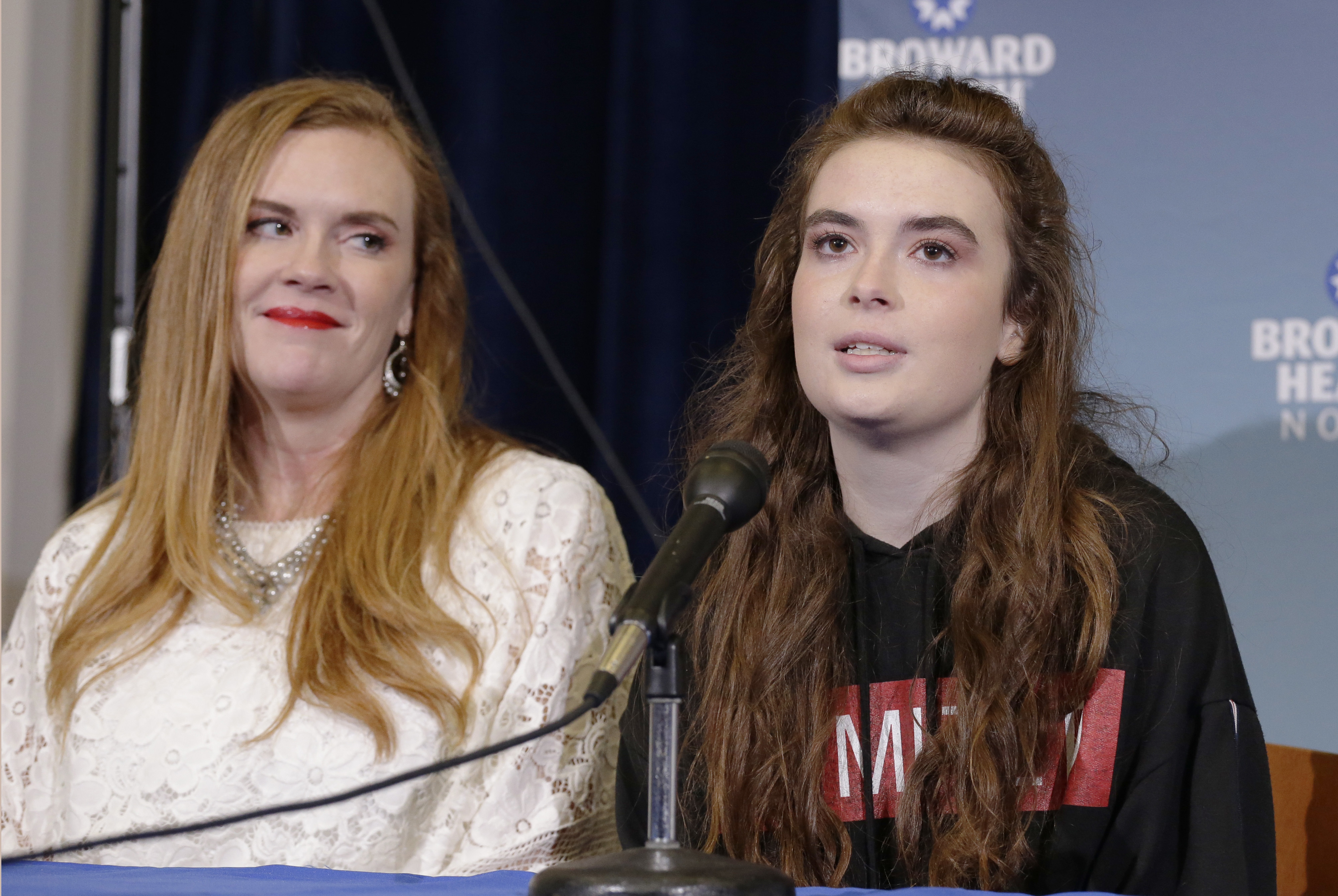 Marjory Stoneman Douglas High School shooting survivor Maddy Wilford, right, speaks to the media as her mom Missy looks on during a press conference at Broward Health North in Deerfield Beach, Fla., Monday, Feb. 26, 2018. (Terry Renna, AP Photo)