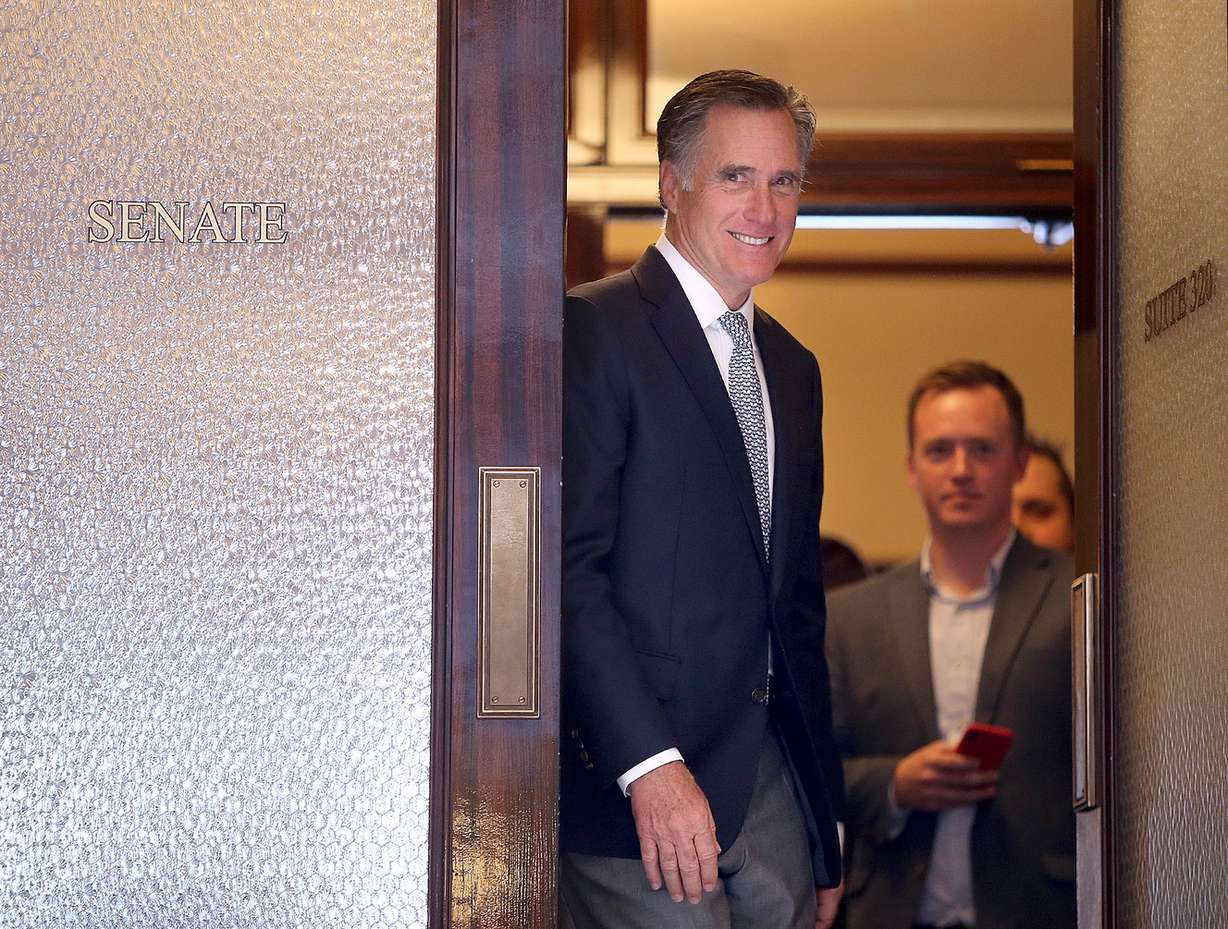 Mitt Romney approaches members of the media after addressing House and Senate Republicans during their caucus lunch meetings at the Capitol in Salt Lake City on Tuesday, Feb. 27, 2018. (Photo: Kristin Murphy, KSL)