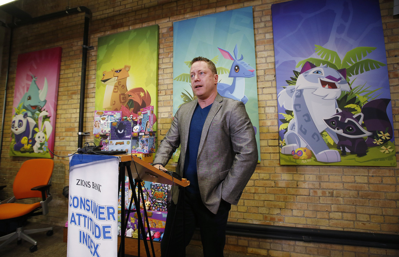 Clark Stacey, CEO of WildWorks, speaks to members of the media as Zions Bank and the Cicero Group report the latest Utah Consumer Attitude Index at WildWorks Studio in Salt Lake City on Tuesday, Feb. 27, 2018. (Photo: Jeffrey D. Allred, KSL)