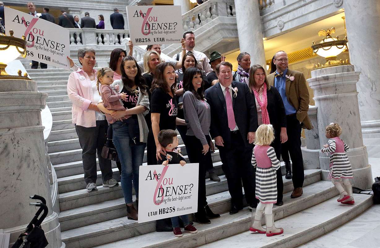 Supporters of HB258, which would require a warning from health care providers to women with dense breast tissue that they are at risk of their mammogram test not finding their cancer, pose for a photo at the Capitol in Salt Lake City on Thursday, March 1, 2018. (Photo: Kristin Murphy, KSL)
