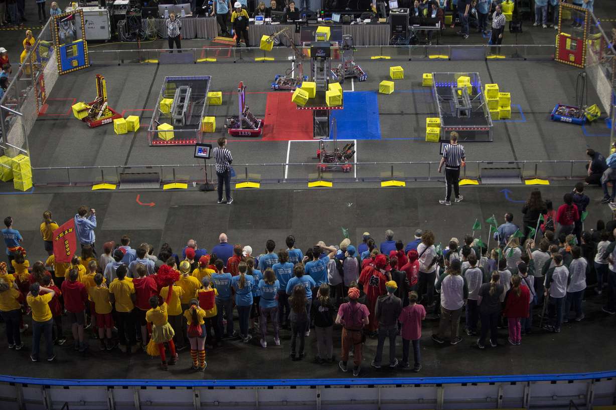 Teams and robots compete during the FIRST Robotics Competition at the Maverik Center in West Valley City on Saturday, March 3, 2018. More than 70 schools took part in the Friday and Saturday competition. (Photo: Jacob Wiegand, KSL)