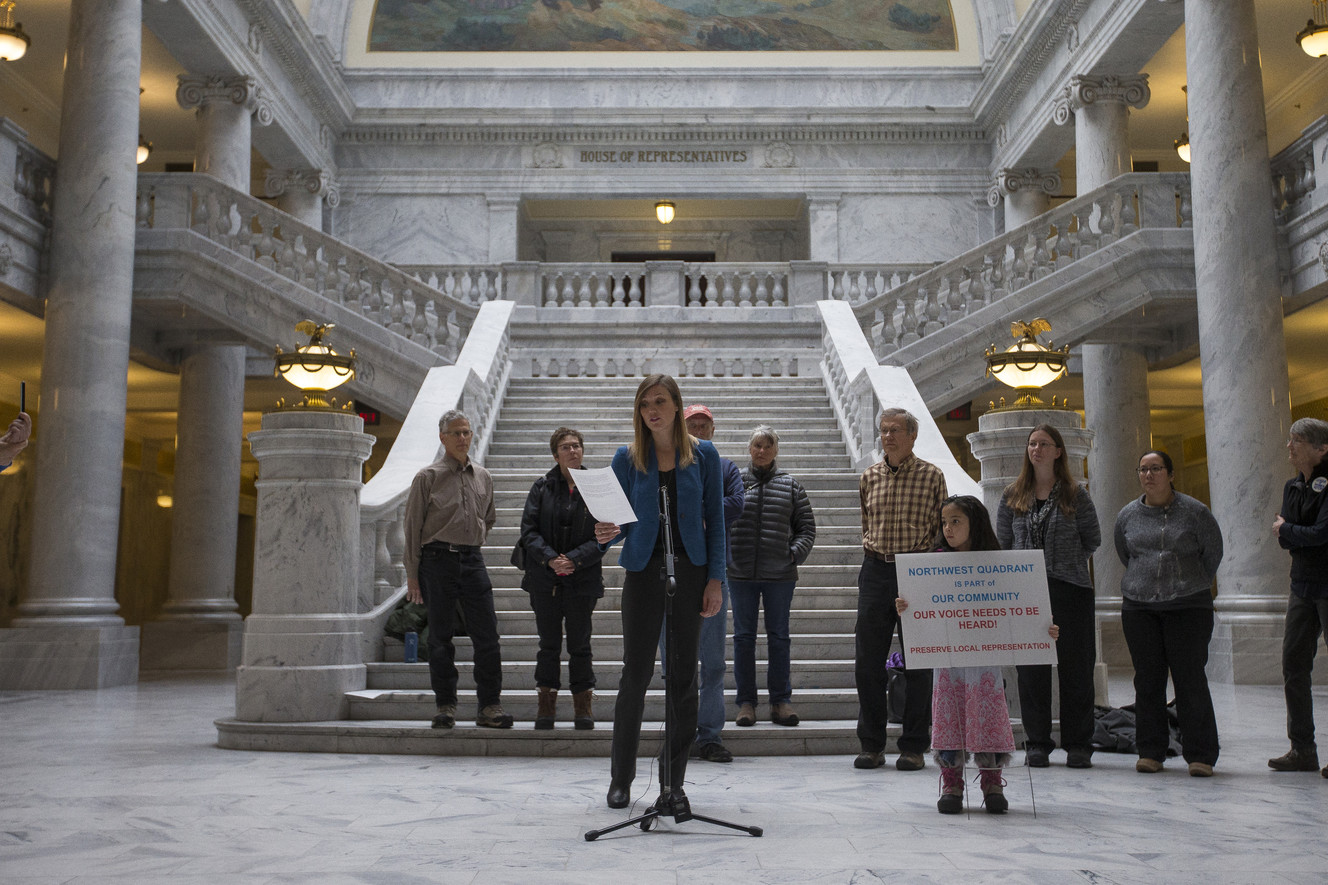 Sierra Club Utah Chapter Director Ashley Soltysiak speaks at a press conference concerning Salt Lake City’s northwest quadrant at the state Capitol in Salt Lake City on Sunday, March 4, 2018. (Photo: Jacob Wiegand, KSL)