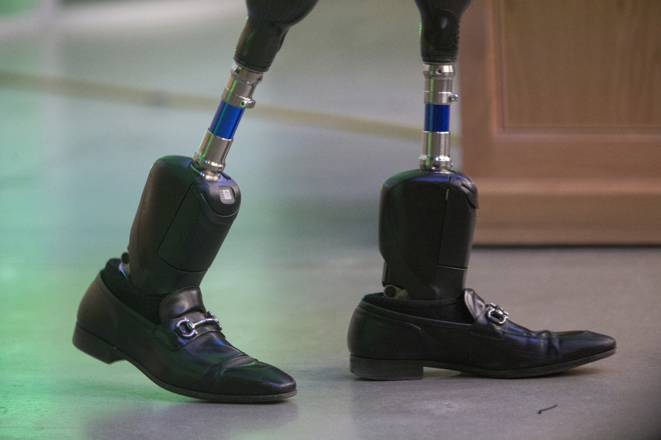 Hugh Herr, director of the biomechatronics group at the Massachusetts Institute of Technology Media Lab, lectures as part of Utah Valley University's 2018 Presidential Lecture Series at UVU in Orem on Wednesday, March 7, 2018. Herr is responsible for "creating bionic limbs that emulate the function of natural limbs," according to the MIT Media Lab website. Time magazine has referred to Herr as the “Leader of the Bionic Age.” (Photo: Jacob Wiegand, KSL)