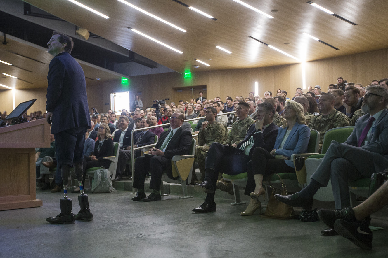 Hugh Herr, director of the biomechatronics group at the Massachusetts Institute of Technology Media Lab, lectures as part of Utah Valley University's 2018 Presidential Lecture Series at UVU in Orem on Wednesday, March 7, 2018. Herr is responsible for "creating bionic limbs that emulate the function of natural limbs," according to the MIT Media Lab website. Time magazine has referred to Herr as the “Leader of the Bionic Age.” (Photo: Jacob Wiegand, KSL)