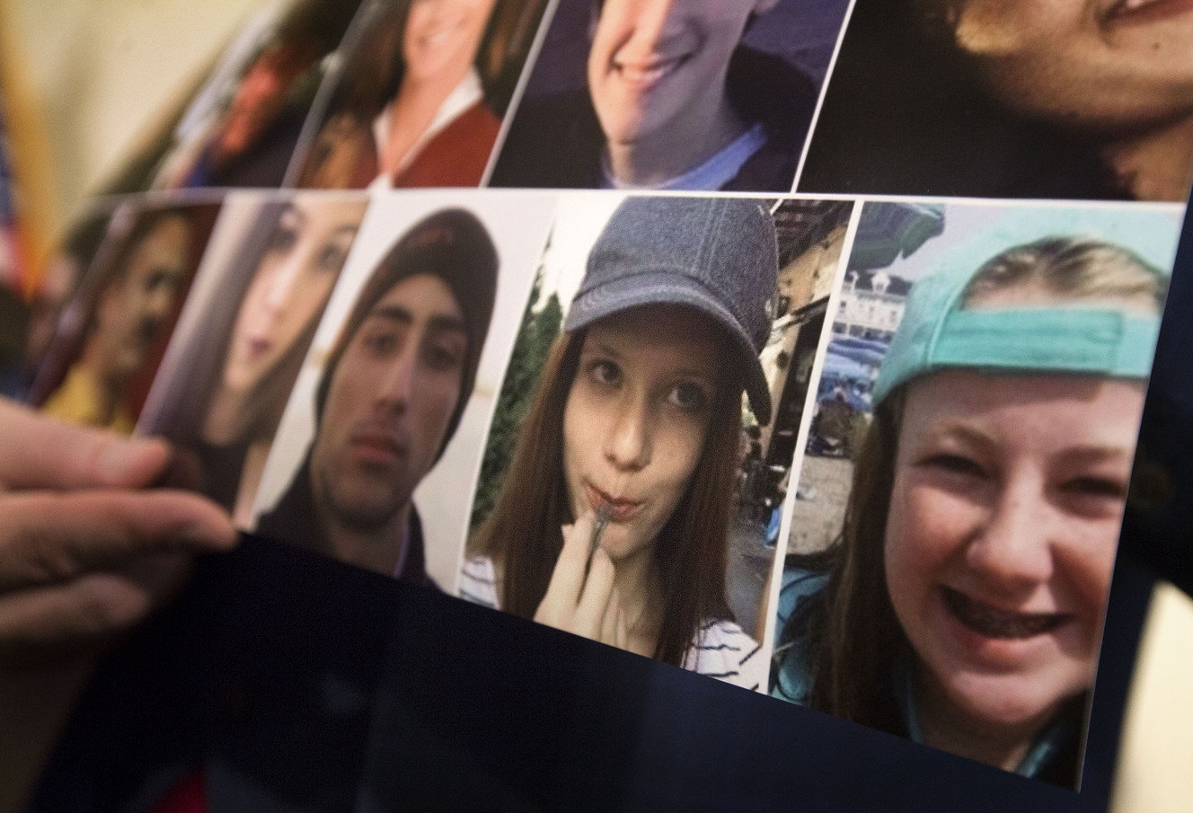 A photograph showing the 17 people killed in the shooting at Marjory Stoneman Douglas High School in Florida is displayed during a press conference at the Capitol in Salt Lake City on Thursday, March 8, 2018. Utah lawmakers passed a resolution honoring the victims of the shooting by designating April as #MSDkindness month. HCR22 encourages Utahns to do random act of kindness during April and challenges other states to do the same for another month this year. (Photo: Laura Seitz, KSL)