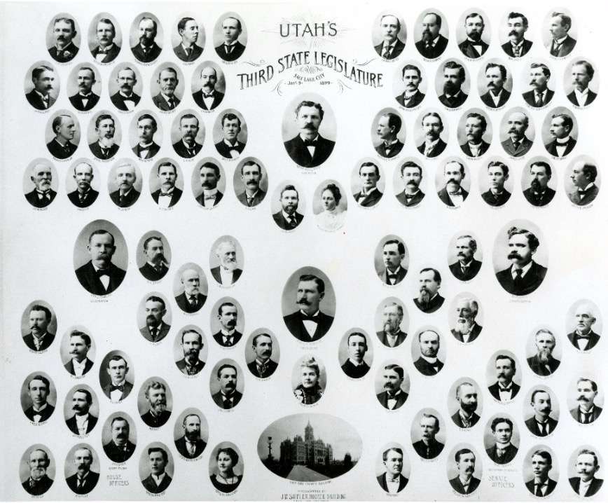 A photo of all of Utah's lawmakers for the 1899 legislative year. Alice Merrill Horne, pictured eighth on the fourth row (from left to right), was one of three women representatives that session. (Photo: Utah State History).