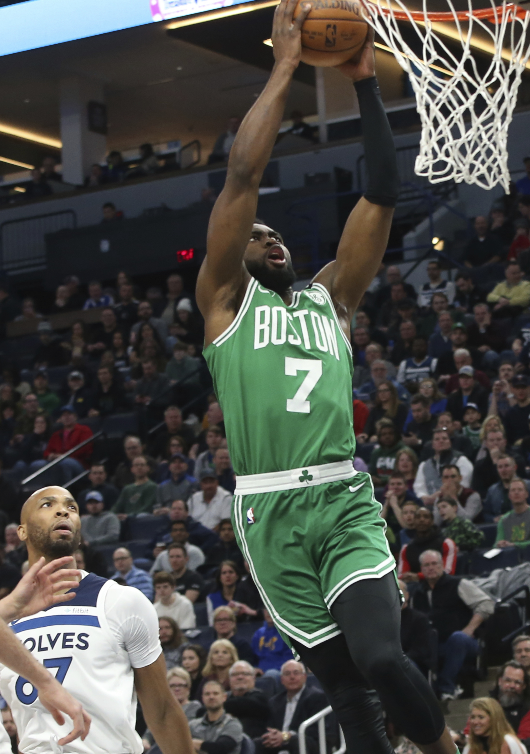 Celtics forward Jaylen Brown leaves game after hard landing