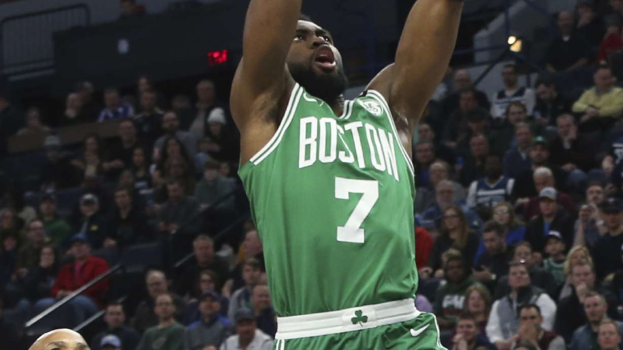 Celtics forward Jaylen Brown leaves game after hard landing