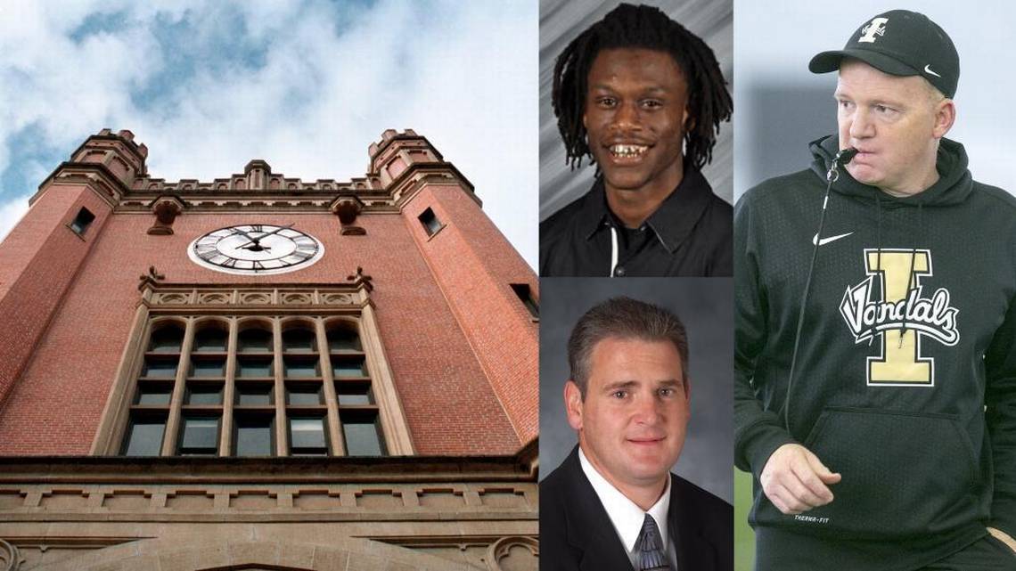 Clockwise from top: Former University of Idaho football player Jahrie Level, Vandals football coach Paul Petrino and Idaho Athletic Director Rob Spear. Vandals diver Mairin Jameson accused Level of sexual assault in a meeting with Spear and Petrino in April 2013. “I was very proud of her to have the guts to go into a meeting with those powerful men and speak her mind and tell her story,” said Jameson’s mom, JoAnn. (Photo via the Idaho Statesman