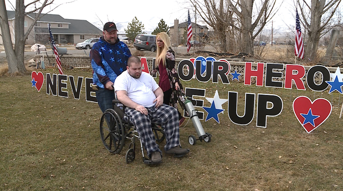 About 25 soldiers in green-brown camouflage gather outside the Tremonton home of Talan Summers on Friday, March 9, 2018. They were there to surprise him. He has always wanted to join the military, but due to a rare disease where he's constantly in pain, he couldn't. Summers, pushed by his parents in his wheelchair, was all tears as he looked out to his front yard and saw all the soldiers who were there for him. (Photo: Meghan Thackrey, KSL)