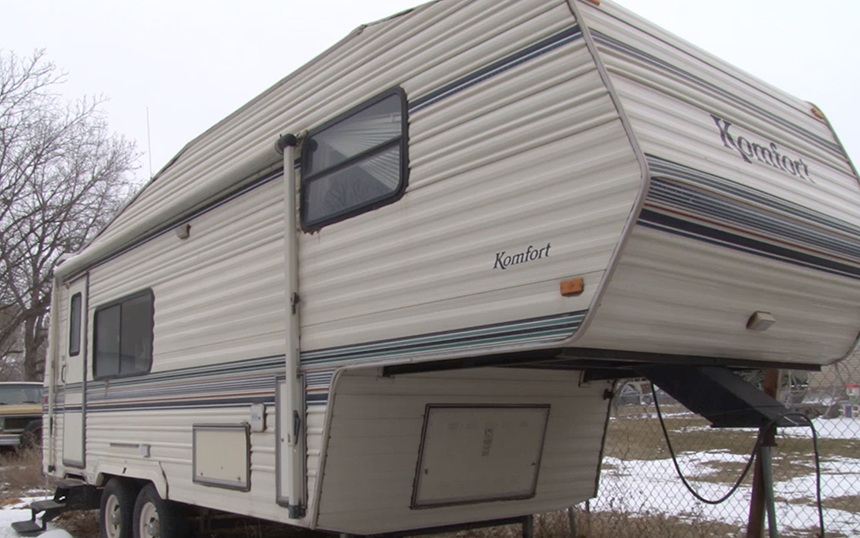 The interior of the Orchard’s camper sustained major damage from the fire but the exterior is in relatively good shape. (Photo: Nate Eaton, EastIdahoNews.com)