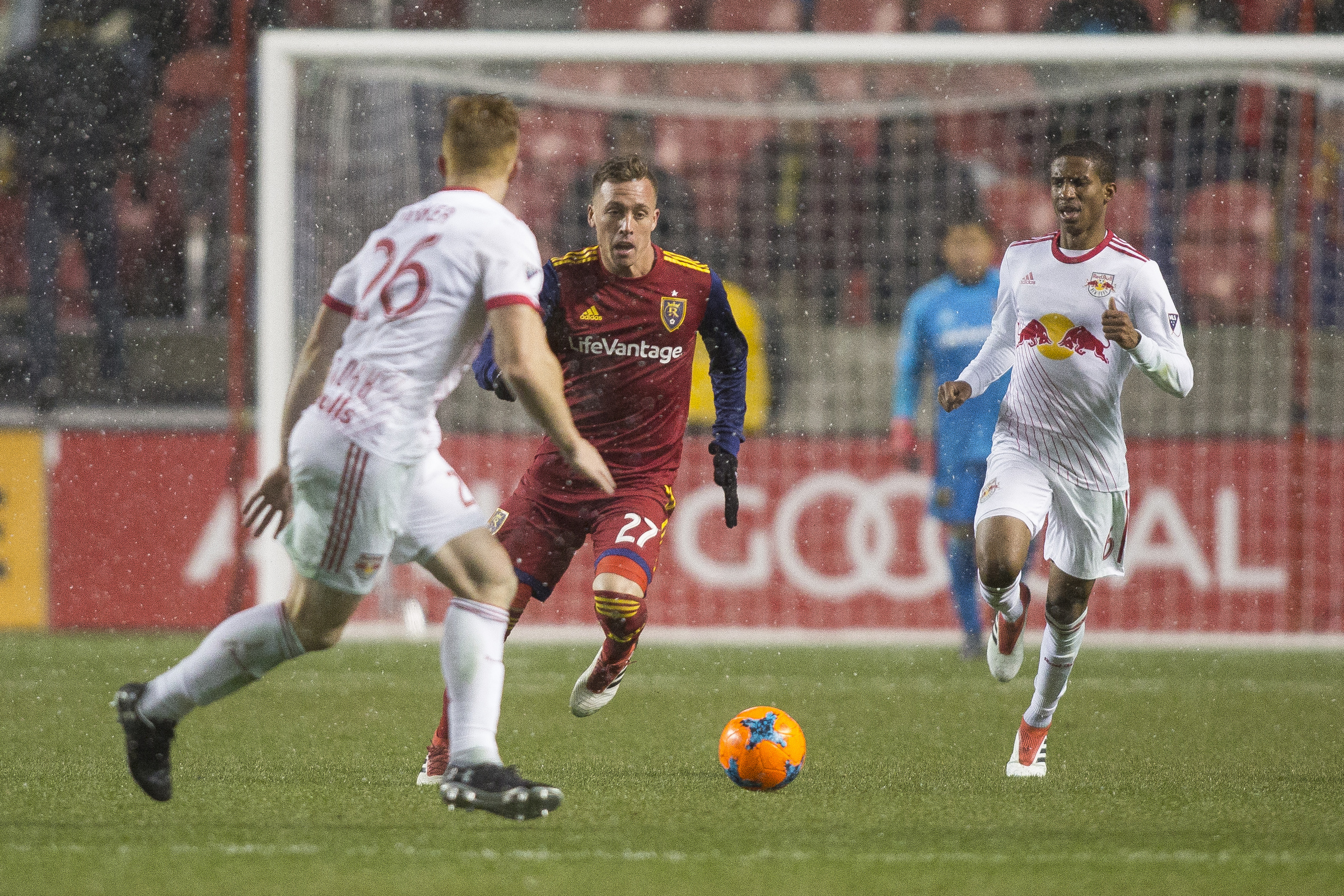 Real Salt Lake forward Corey Baird (27) runs for the ball as New York Red Bulls defender Tim Parker (26) and defender Kyle Duncan (6) close in during Real Salt Lake's 1-0 win against the New York Red Bulls at Rio Tinto Stadium in Sandy on Saturday, March 17, 2018. (Photo: Jacob Wiegand, Deseret News)