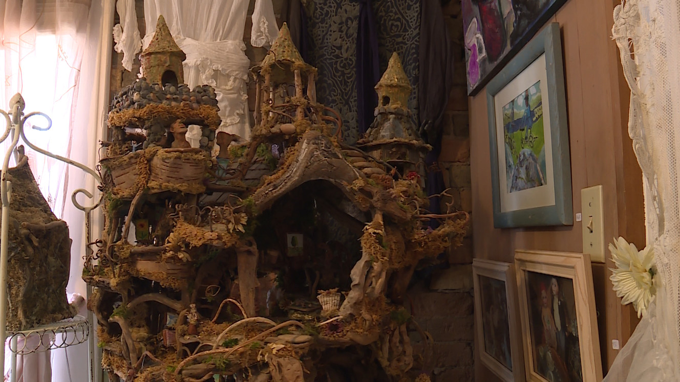 One of Mike and Debbie Schramer's larger fairy houses sits in a corner of their shop. (March 13, 2018) (Photo: Ray Boone, KSL TV)