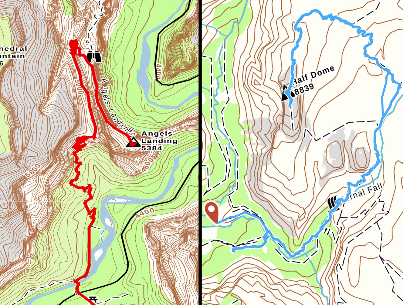 A trail map comparison of the two hikes. Angels Landing on the Left, Half Dome on the right. (Photo: Mike Godfrey, At Home in Wild Spaces)