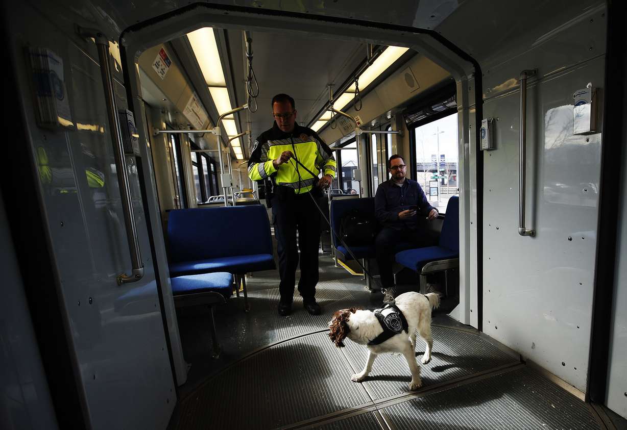 Utah Transit Authority officer Tony Brereton and K-9 Daisy participate in a safety sweep exercise on a TRAX train in Salt Lake City on Tuesday, March 20, 2018. (Photo: Jeffrey D. Allred, KSL)