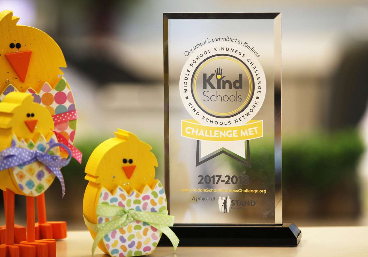Daybreak Elementary School's Middle School Kindness Challenge award is pictured in South Jordan on Wednesday, March 21, 2018. (Photo: Jeffrey D. Allred, KSL)