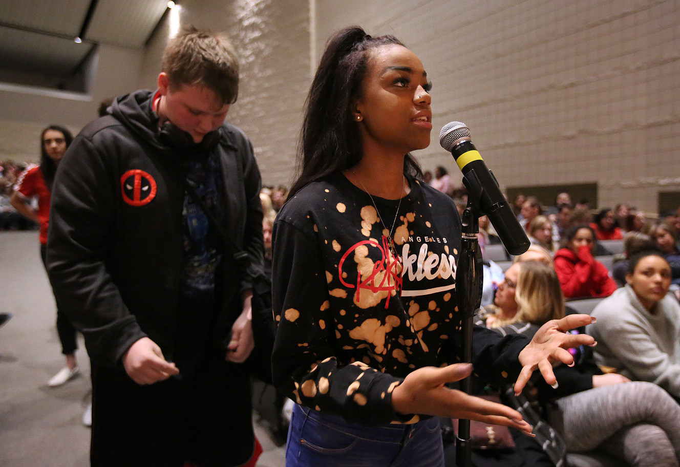 Alicia Thomas asks Ernest Green, the oldest member of the Little Rock Nine and the first African-American to graduate from Central High School in 1958 in Little Rock, Arkansas, if he ever went through depression as a teenager and wanted to give up during an appearance at Davis High School in Kaysville on Thursday, March 22, 2018. (Photo: Kristin Murphy, KSL)