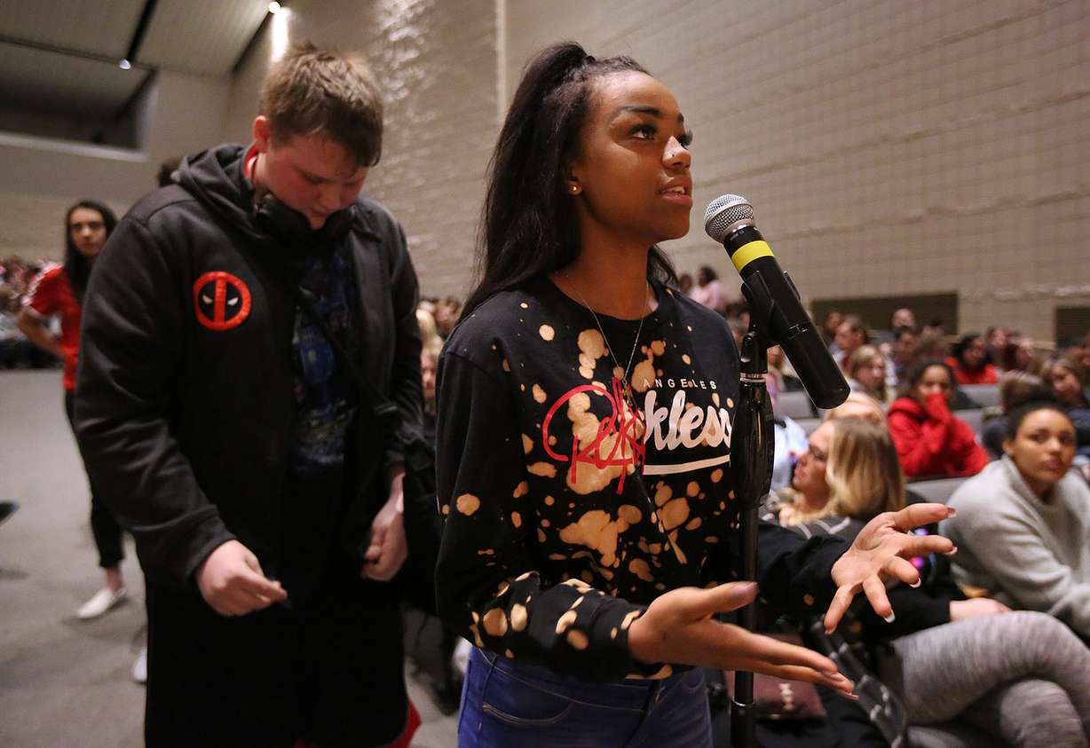 Alicia Thomas asks Ernest Green, the oldest member of the Little Rock Nine and the first African-American to graduate from Central High School in 1958 in Little Rock, Arkansas, if he ever went through depression as a teenager and wanted to give up during an appearance at Davis High School in Kaysville on Thursday, March 22, 2018. (Photo: Kristin Murphy, KSL)