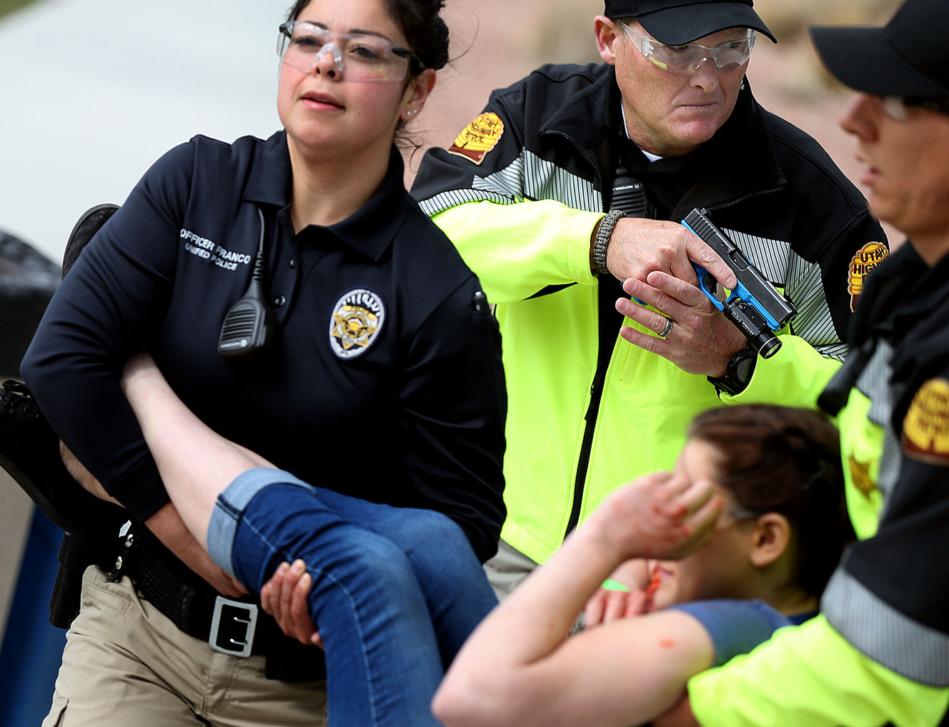 Officers with multiple law enforcement agencies participate in a public safety drill at Salt Lake Community College’s Taylorsville Redwood Campus in Salt Lake City on Thursday, March 22, 2018. (Photo: Laura Seitz, KSL)