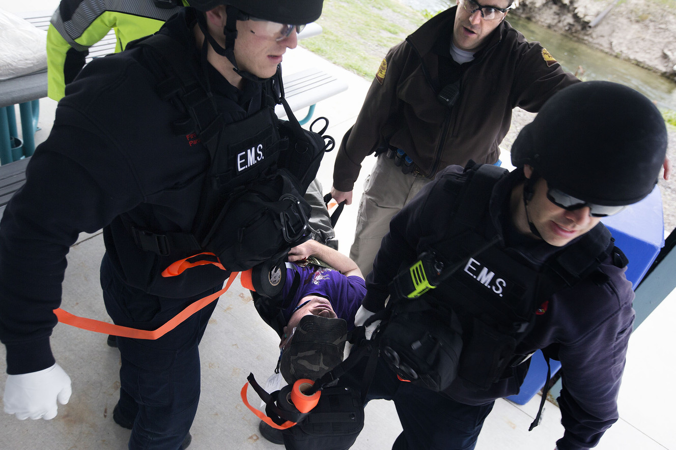 Officers with multiple law enforcement agencies participate in a public safety drill at Salt Lake Community College’s Taylorsville Redwood Campus in Salt Lake City on Thursday, March 22, 2018. (Photo: Laura Seitz, KSL)