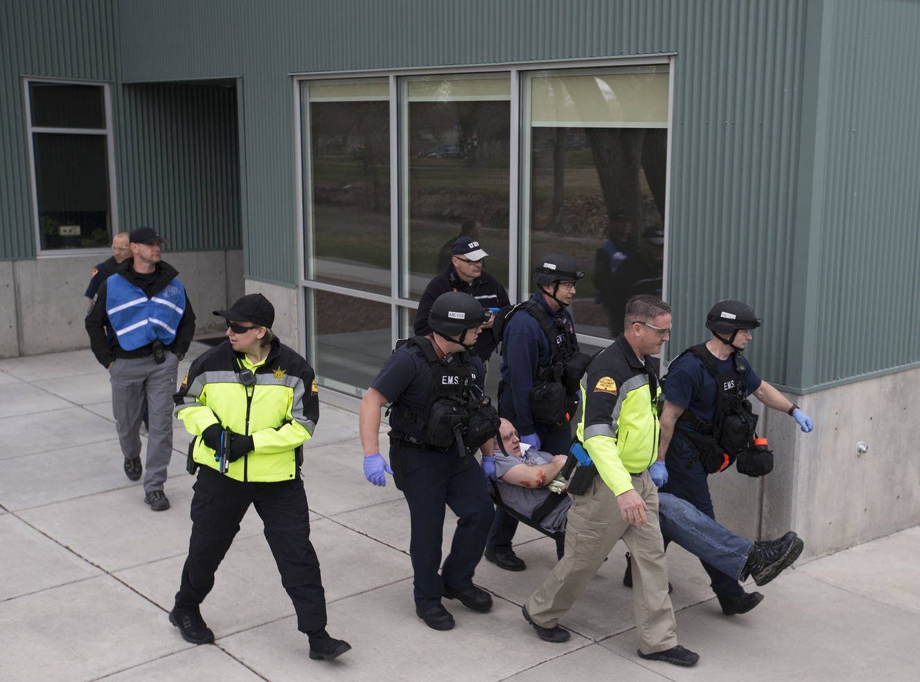 Officers with multiple law enforcement agencies participate in a public safety drill at Salt Lake Community College’s Taylorsville Redwood Campus in Salt Lake City on Thursday, March 22, 2018. (Photo: Laura Seitz, KSL)