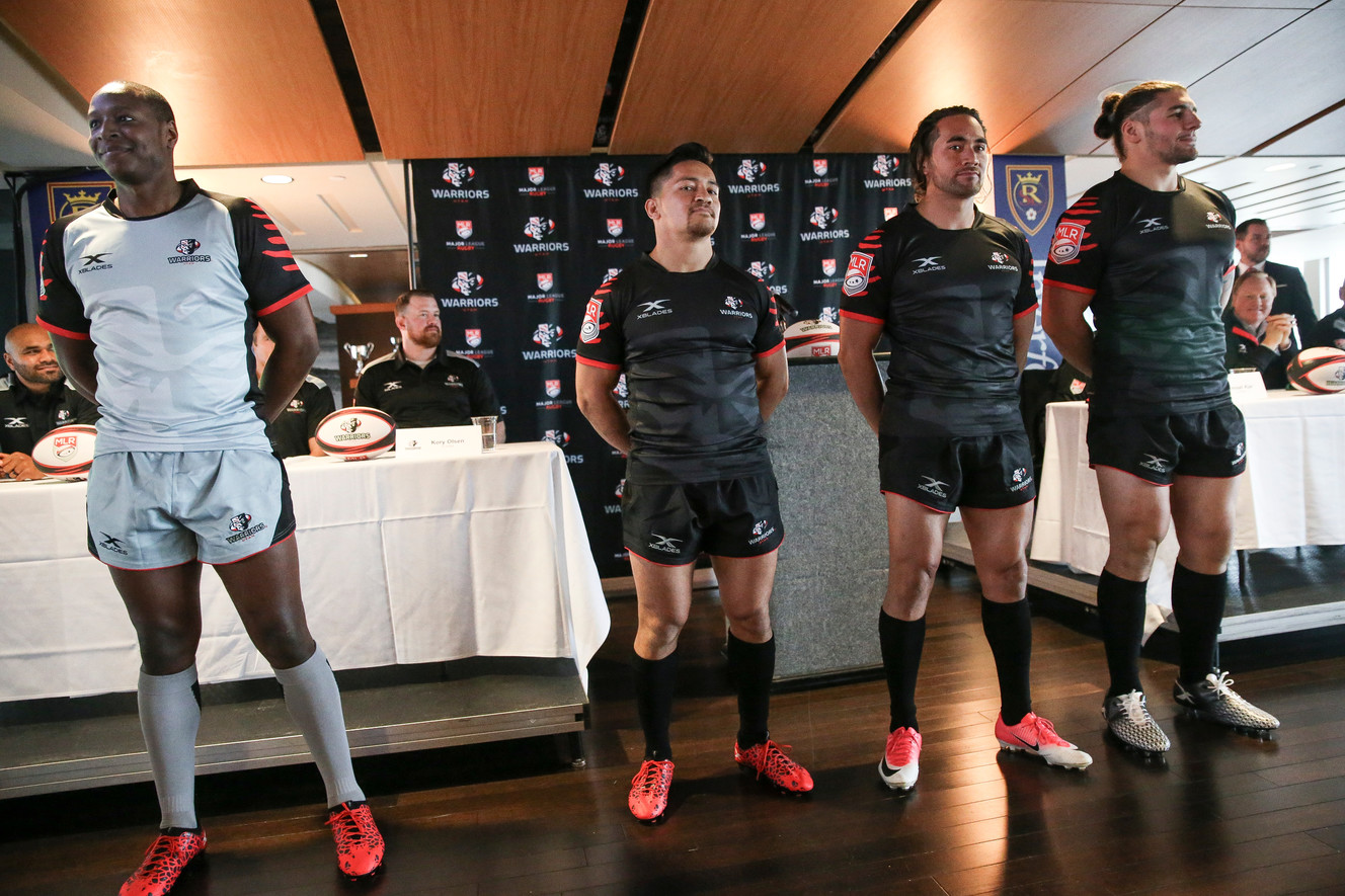 Utah Warriors players show off the away, left, and home kits, or uniforms, during a press conference at Rio Tinto Stadium in Sandy on Thursday, March 22, 2018. (Photo: Spenser Heaps, Deseret News)