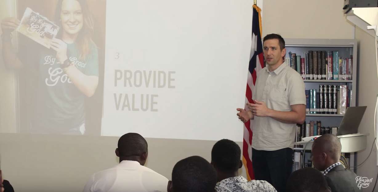 Utahn Ben Taylor speaks to young entrepreneurs at the U.S. Embassy in Liberia about the charitable organization he and Joel, a Liberian man he met online, have created to raise money to help the impoverished Liberians. (Photo: Courtesy of Pleasant Green YouTube)