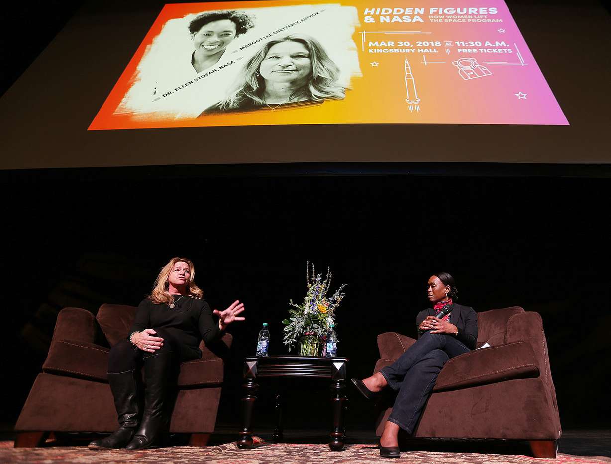 Ellen Stofan, former NASA chief scientist, left, and Margot Lee Shetterly, author of “Hidden Figures,” speak at Kingsbury Hall in Salt Lake City on Friday, March 30, 2018. Stofan and Shetterly were invited by the U. MUSE Project and were the keynote guests for the project's theme year event on empowerment. (Photo: Scott G Winterton, KSL)