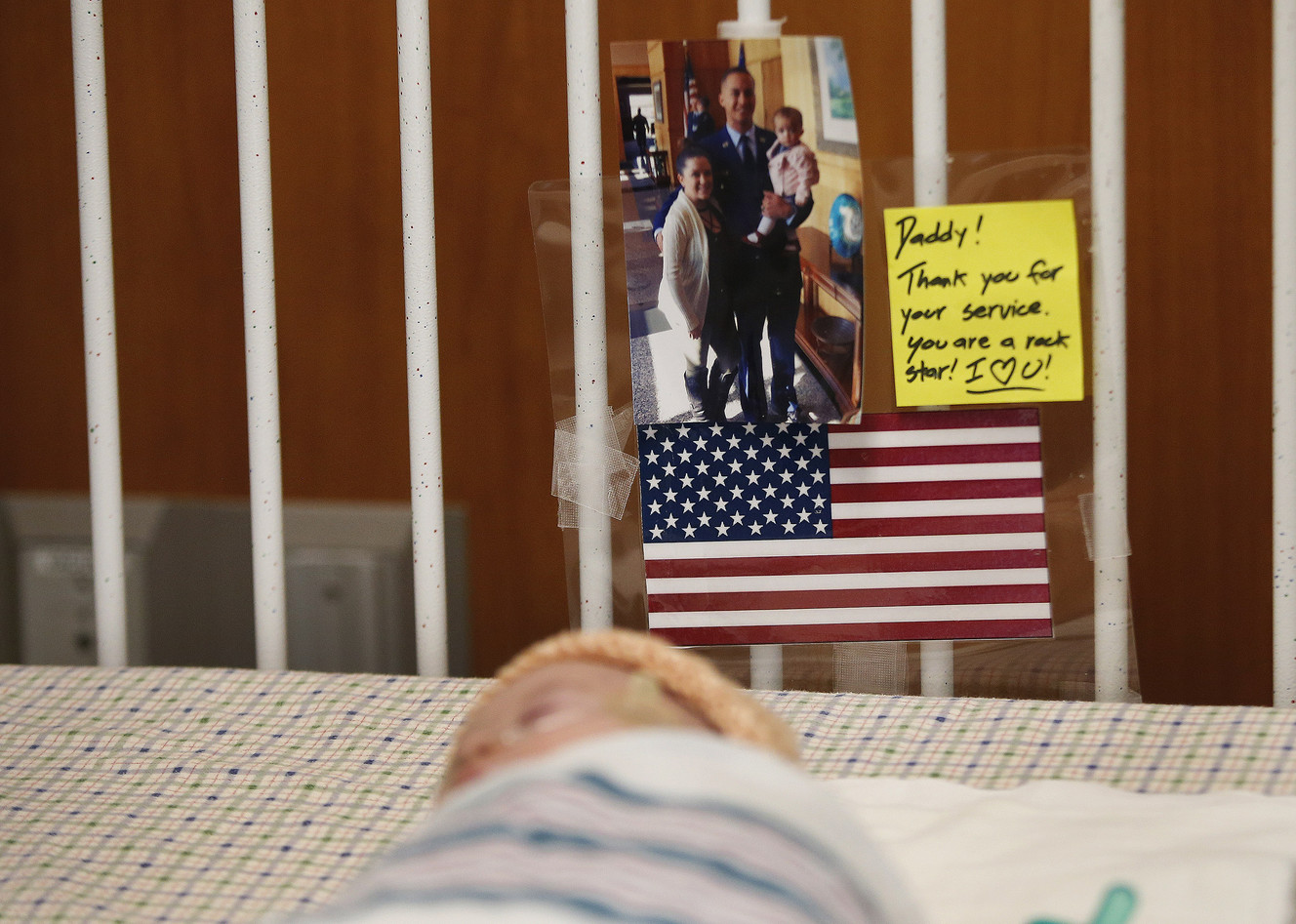 Newborn John Carter Girtman sleeps at Timpanogos Regional Hospital in Orem on Friday, March 23, 2018. John is recovering from pneumonia, and new webcam technology allows his deployed father to see live video of him. (Photo: Jeffrey D. Allred, KSL)