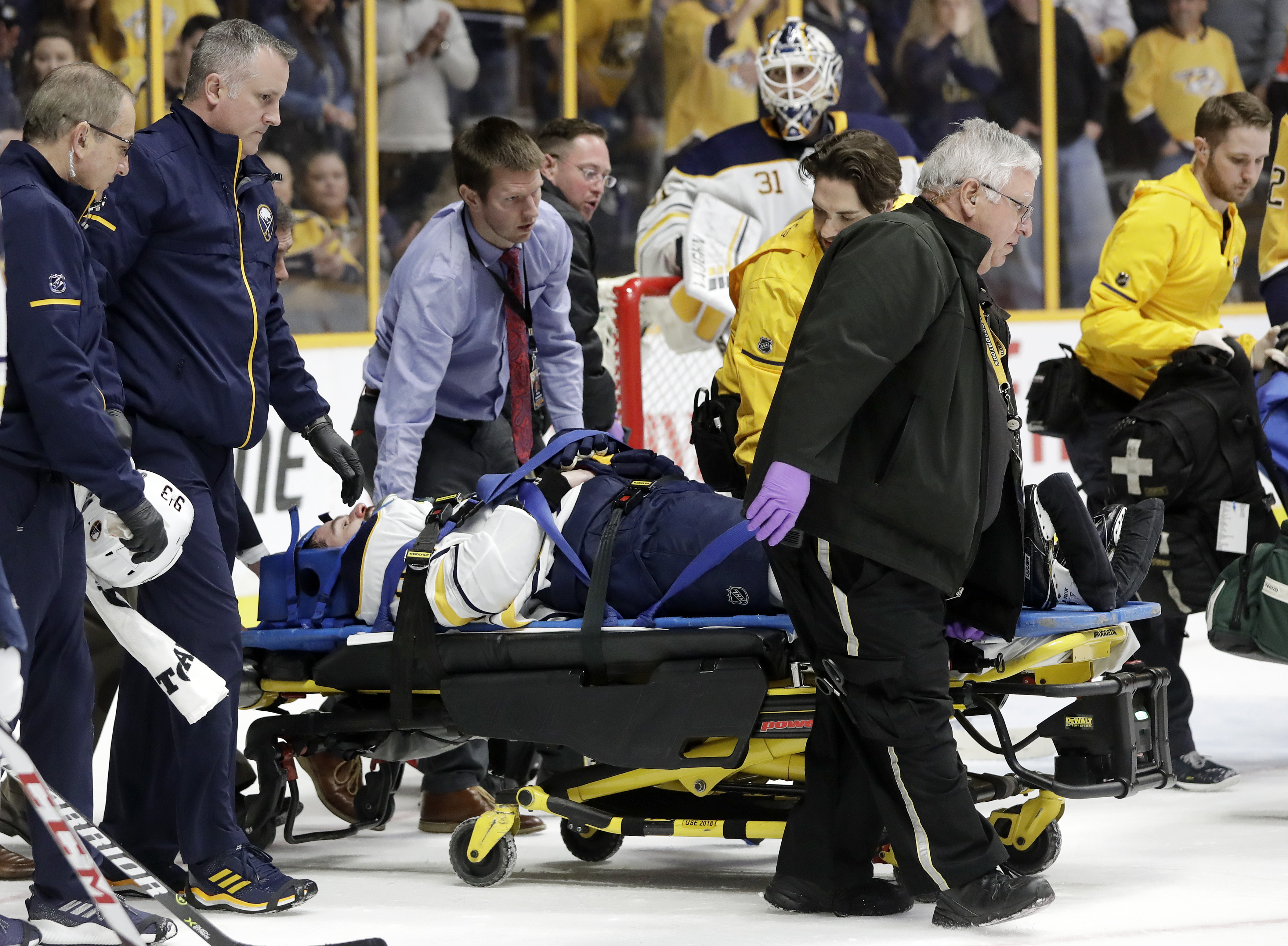 Sabres D Antipin taken off ice on stretcher at Nashville