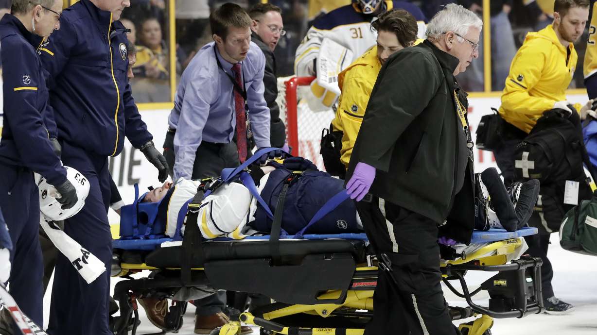 Sabres D Antipin taken off ice on stretcher at Nashville