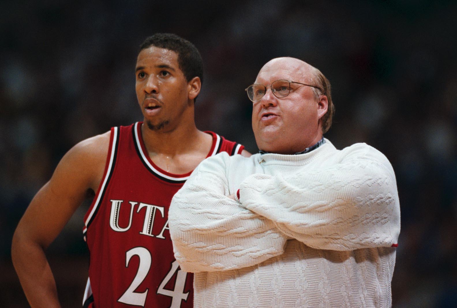 University of Utah's Andre Miller, left, and Head Coach Rick Majerus, right, watches from the sideline of 1998 NCAA Championship basketball game in San Antonio, Texas, March 30 against Kentucky. (Photo: Ravell Call, Deseret News archives)
