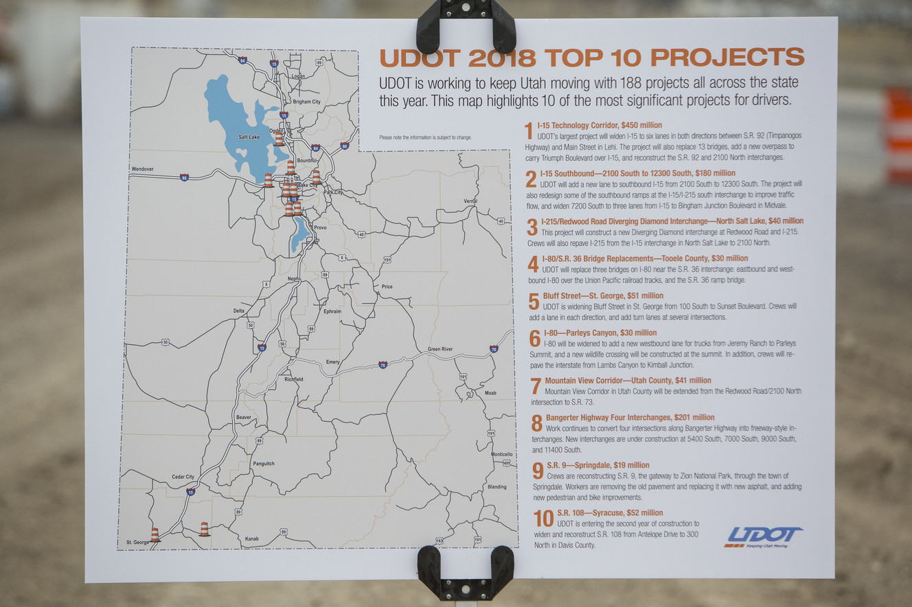 A sign displaying the Utah Department of Transportation's top 10 projects of 2018 is posted at the I-215 and Redwood Road interchange in North Salt Lake on Monday, April 2, 2018. In all, the agency has 188 projects scheduled across the state. (Photo: Jacob Wiegand, KSL)