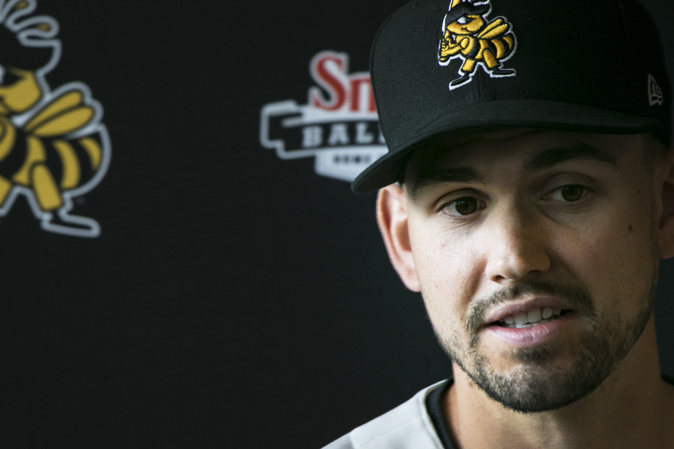 Salt Lake Bees pitcher Taylor Cole speaks with members of the media during the Bees' media day on Monday, April 2, 2018. (Photo: Carter Williams, KSL.com)